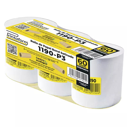 Rollo de papel Bond Printaform 57 mm x 60 m paquete de 3 rollos.