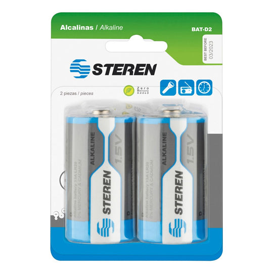 Pila alcalina D STEREN blister - 2 piezas