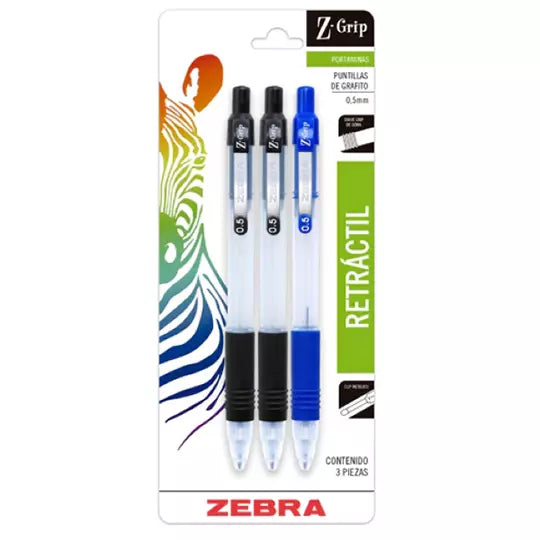 Portaminas ZEBRA Z-Grip punto fino 0.5 mm surtido blíster c/3 piezas