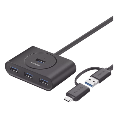 Hub USB 3.0 UGREEN 40850 | 4 en 1 | Conector Dual USB-C + USB-A | 4× USB-A 3.0 5Gbps | Cable 25cm | Micro USB Alimentación | LED | PC / Mac / iPad / Raspberry Pi | SKU 40850