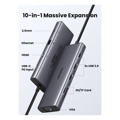 Hub USB-C 10 en 1 UGREEN 15601 | HDMI 4K@30Hz + VGA 1920x1200 Doble Pantalla | 3×USB-A 3.0 | Ethernet Gigabit | SD/TF | PD 92W | Audio 3.5mm | ThinkPad Dell HP MacBook Pro | SKU 15601