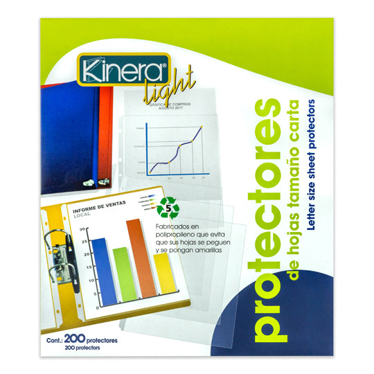 Protector de Hojas Kinera Tamaño Carta, Traslucido - Caja con 200 Piezas