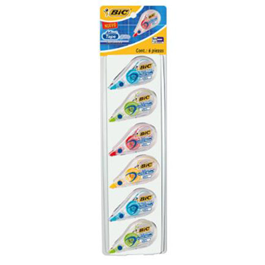 Cinta Corrector Bic Mini Tape Fashion de 6 Metros Cuerpo Transparente- Estuche con 6 Piezas