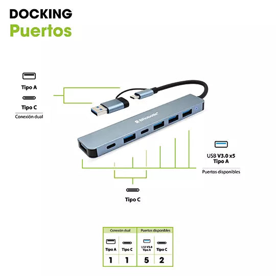 Hub USB 7 Puertos Conector Dual Tipo A/Tipo C A USB V3.0x5 Y TIPO C x2 BROBOTIX