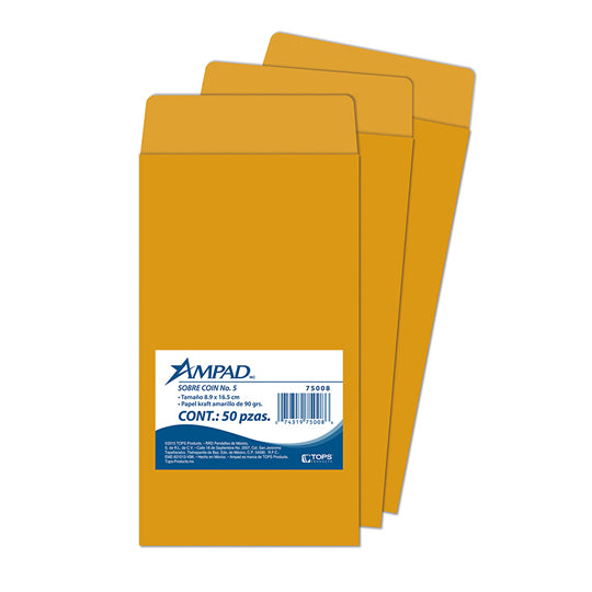 Sobre kraft modelo Coin AMPAD color amarillo kraft medidas 8.9 X 16.5cm