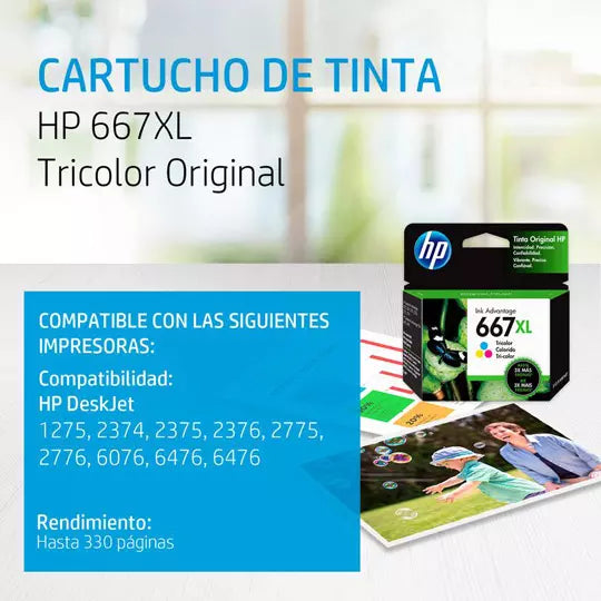 Tinta HP 667XL Tricolor 3YM80AL | Original para HP Ink Advantage 6000 series, HP Ink Advantage 6400 series