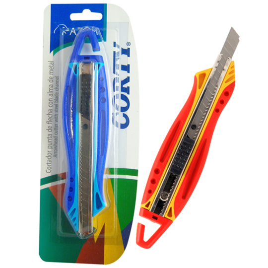Cutter chico con alma metálica CORTY 9mm colores azul y rojo - 1 pieza