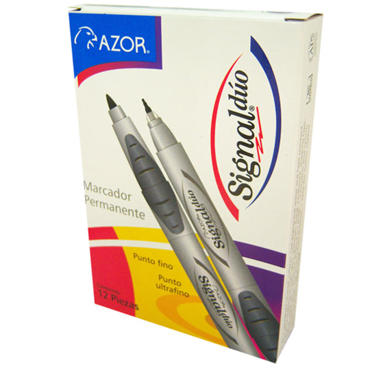 Marcador permanente Signal Dúo AZOR doble punta bala negro - caja con 12 piezas