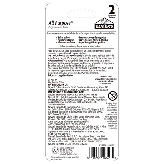 Lapiz Adhesiivo Elmers de 40grs, Blanco - 1 Pieza + una Barra de 6grs