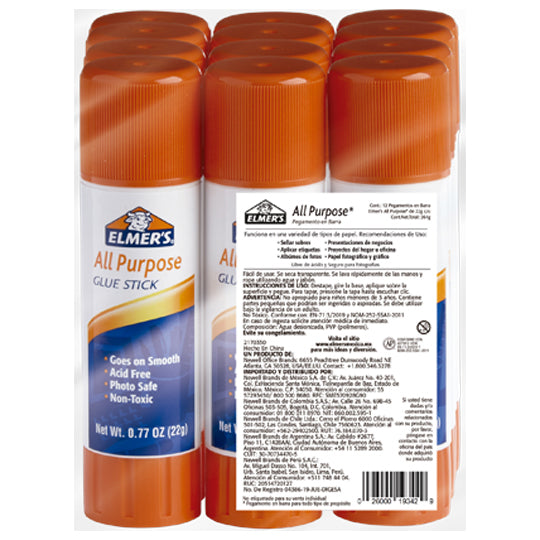 Lapiz Adhesiivo Elmers de 22grs, Blanco - Paquete con 12 Piezas