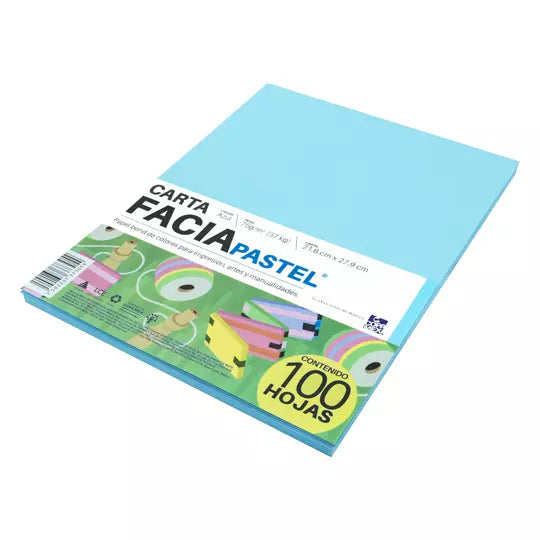 Paquete de hojas de color Facia Pastel tamaño carta color azul 75gr 100 hojas