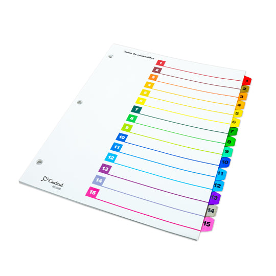 Separadores Cardinal Tamaño Carta, con Cejas de colores - Del 1-15 Divisiones