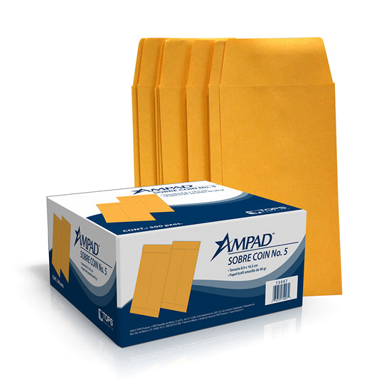 Sobre kraft Coin AMPAD cierre engomado color amarillo kraft medidas 8.9 X 16.5cm con 500 piezas