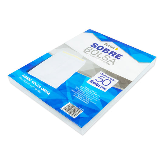Sobre tipo bolsa FORTEC tipo de cerrado de goma color blanco tamaño carta 1 paquete con 50 sobres