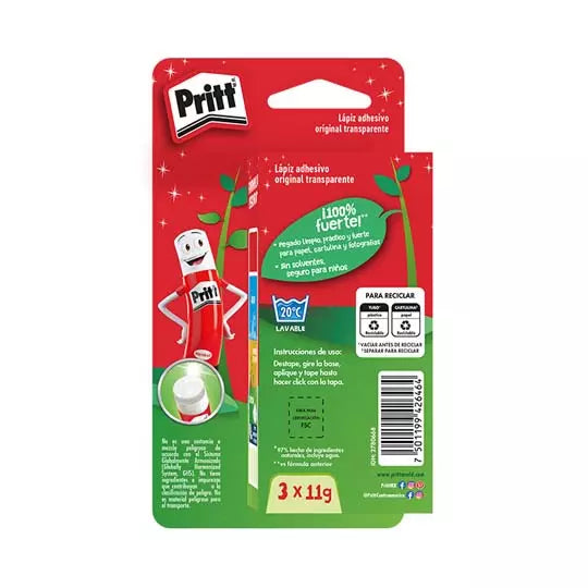 Lápiz adhesivo Pritt en barra de 11gr con 3 piezas