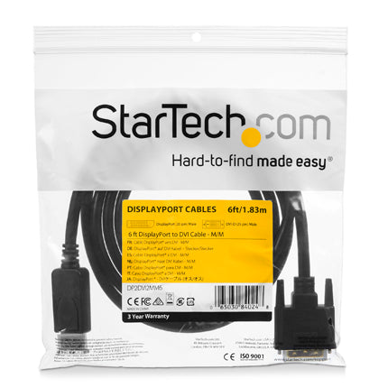 Cable DisplayPort a DVI de 1.8m STARTECH, 1080p, Cable Adaptador Conversor DisplayPort a DVI-D, color negro