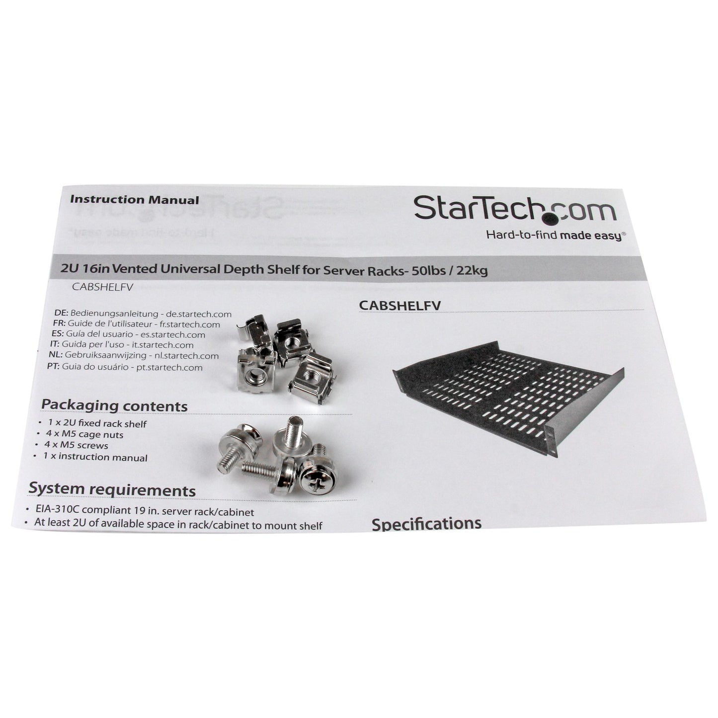 STARTECH CONSIG CHAROLA FIJA 2U 22KG DE RACK RACK CANTILEVER 16 PULGADAS PROFUNDIDAD