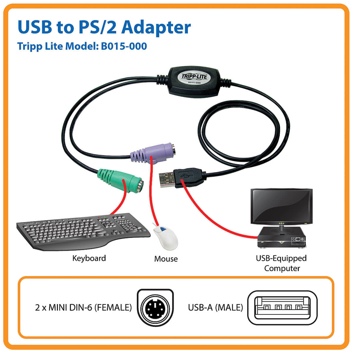 Cable Tripp Lite B015-000 USB A Macho - PS/2 Hembra, Negro