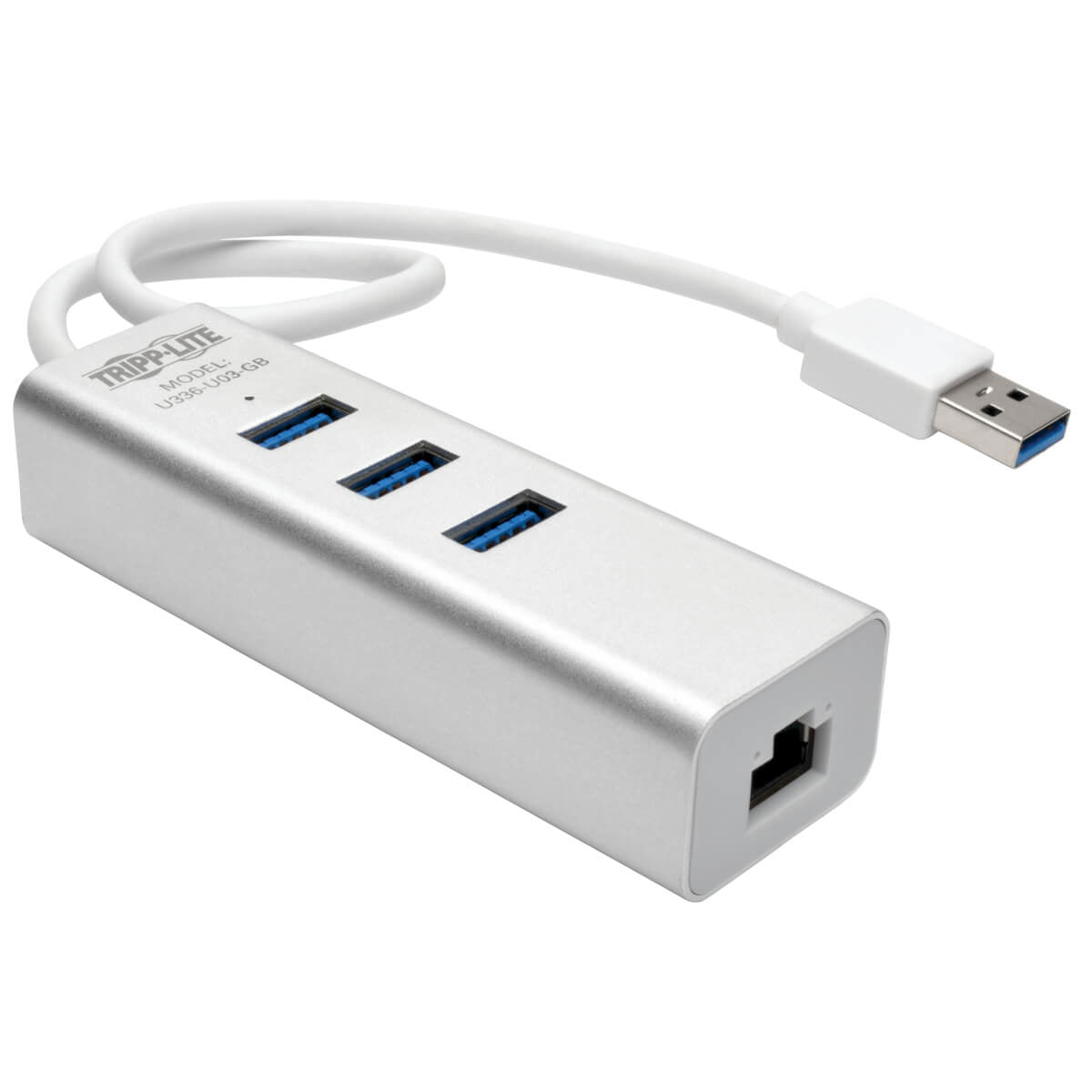 Adaptador USB Tripp Lite U336-U03-GB, A Macho - RJ-45 Hembra, con Hub USB 3.0 de 3 Puertos, Plata