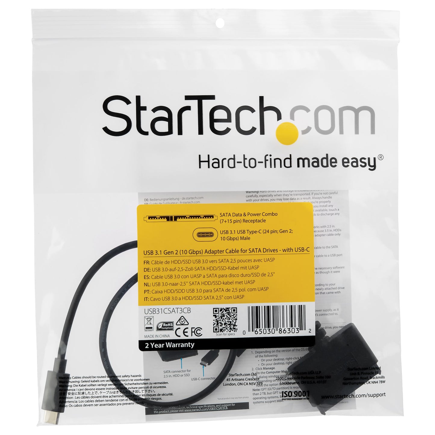 STARTECH CONSIG CABLE ADAPTADOR USB 3.1 10GB A MNT SATA PARA UNIDADES 2.5 USB-C .