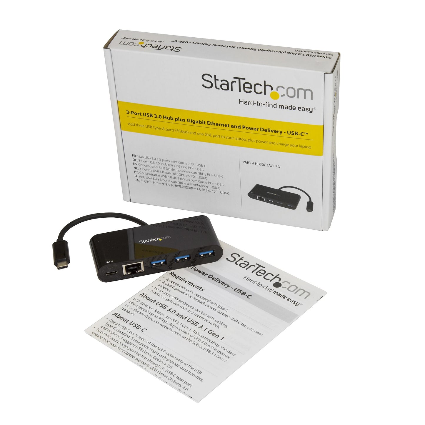 STARTECH CONSIG HUB CONCENTRADOR USB-C USB 3.0 PERP 0 3 PUERTOS CON ETHERNET Y PD