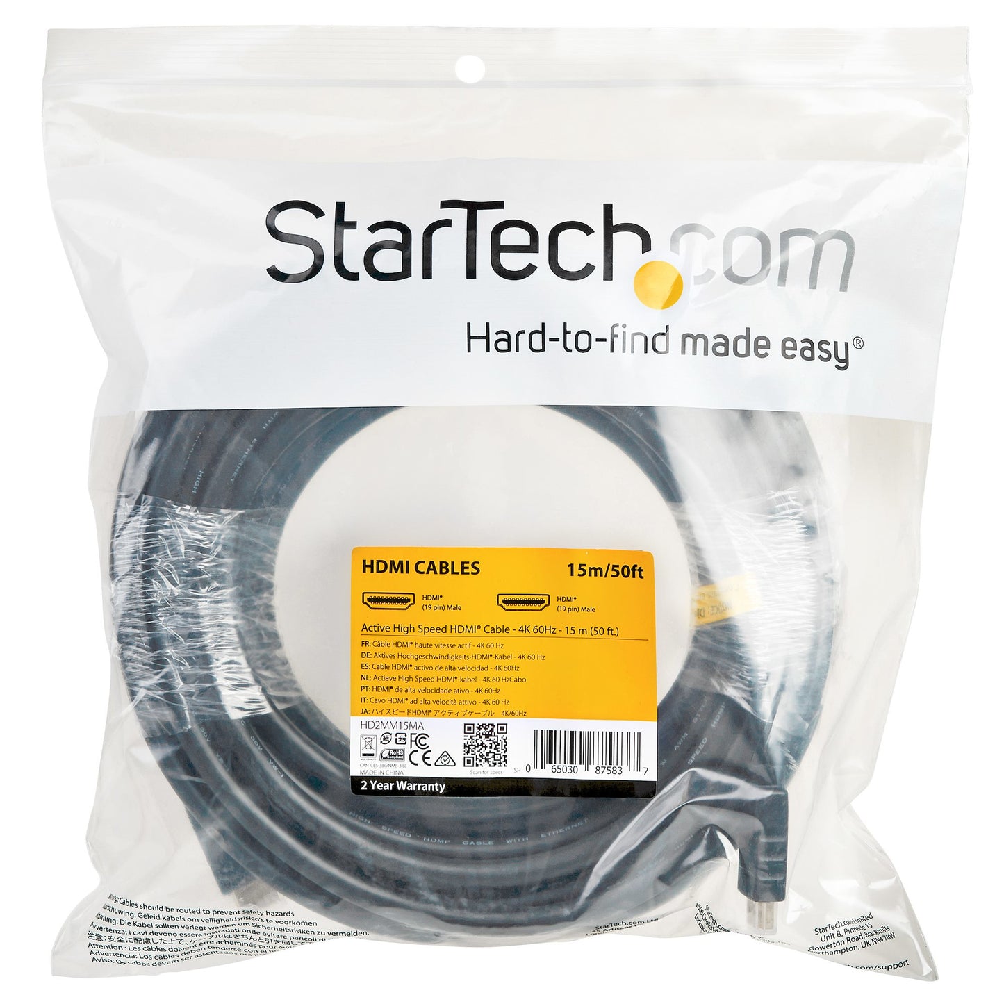 STARTECH CONSIG CABLE 15M HDMI ALTA VELOCIDAD CCABL ON ETHERNET ACTIVO 4K CL2
