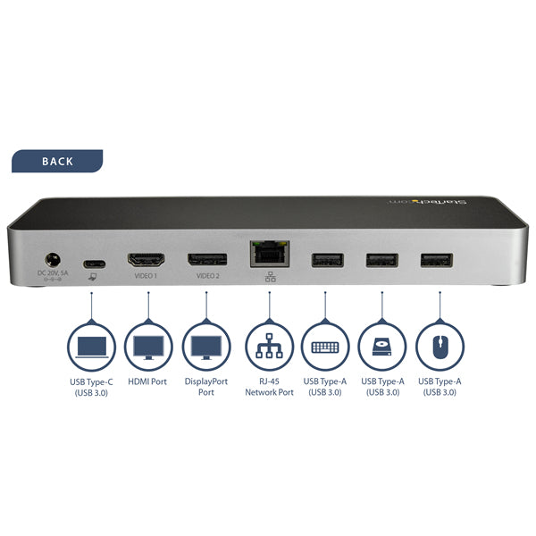 StarTech.com Docking Station USB, 1x USB C, 4x USB A, Negro/Plata