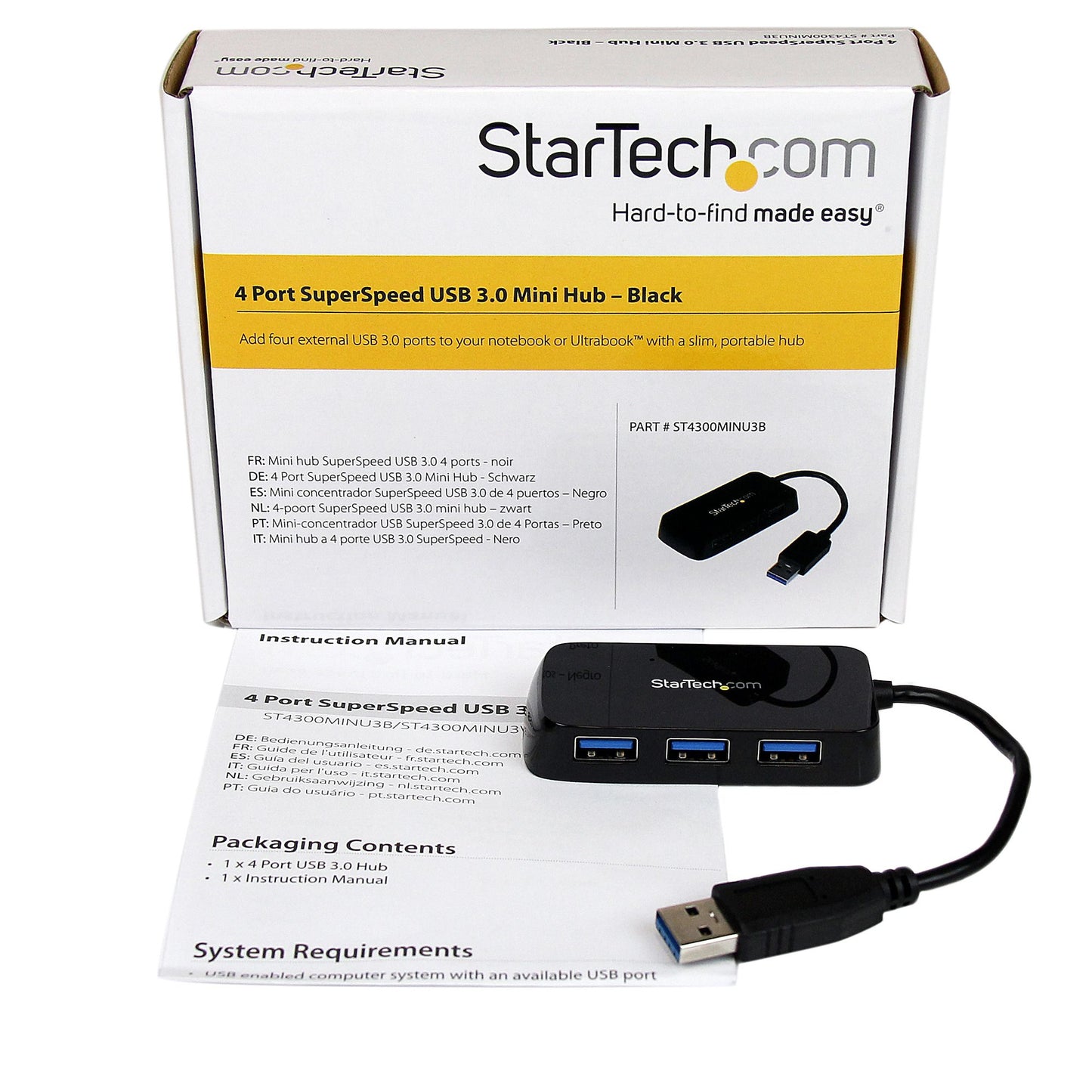 Adaptador Concentrador Hub USB 3.0 (5Gbps) STARTECH, 4 puertos para laptop, color negro