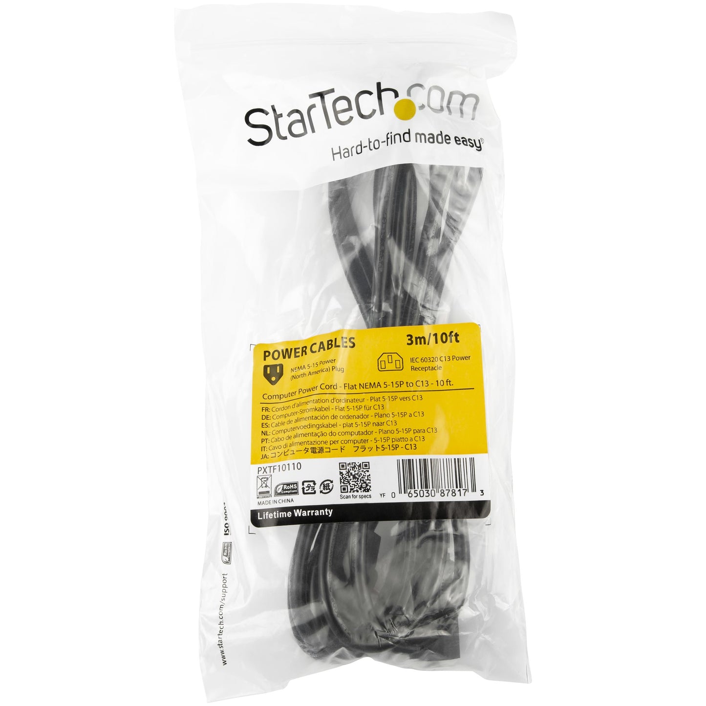 STARTECH CONSIG CABLE DE 3M DE ALIMENTACION CABL PLANO NEMA 5-15P A C13 PARA PC