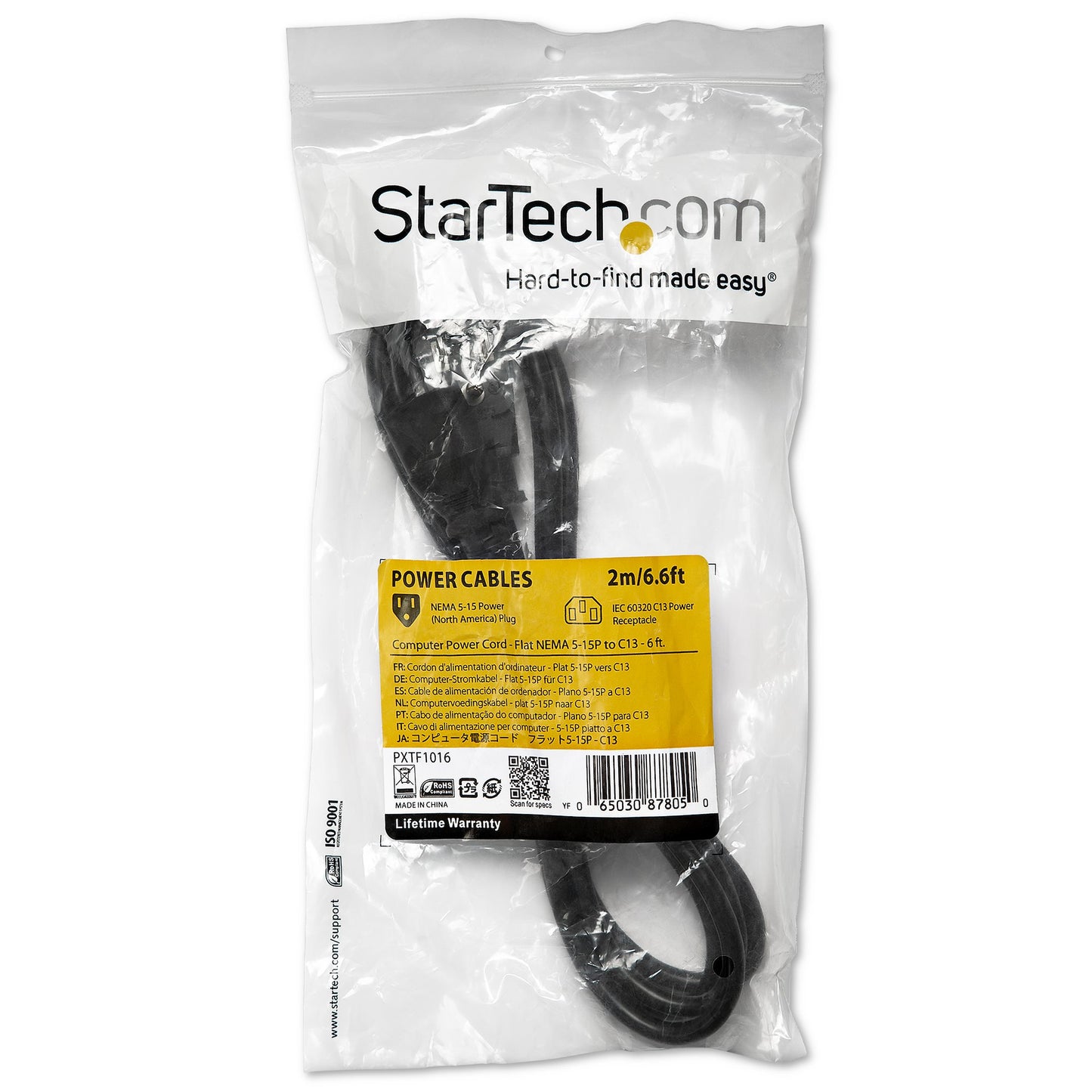 STARTECH CONSIG CABLE DE 1.8M DE ALIMENTACION CABL PLANO NEMA 5-15P A C13 PARA PC