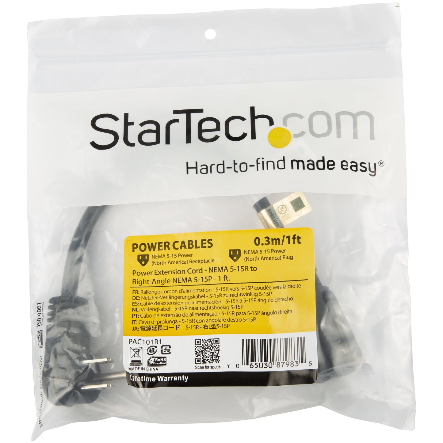 STARTECH CONSIG CABLE 30CM EXTENSOR NEMA CABL 5-15R A NEMA 5-15P ACODADO PLANO