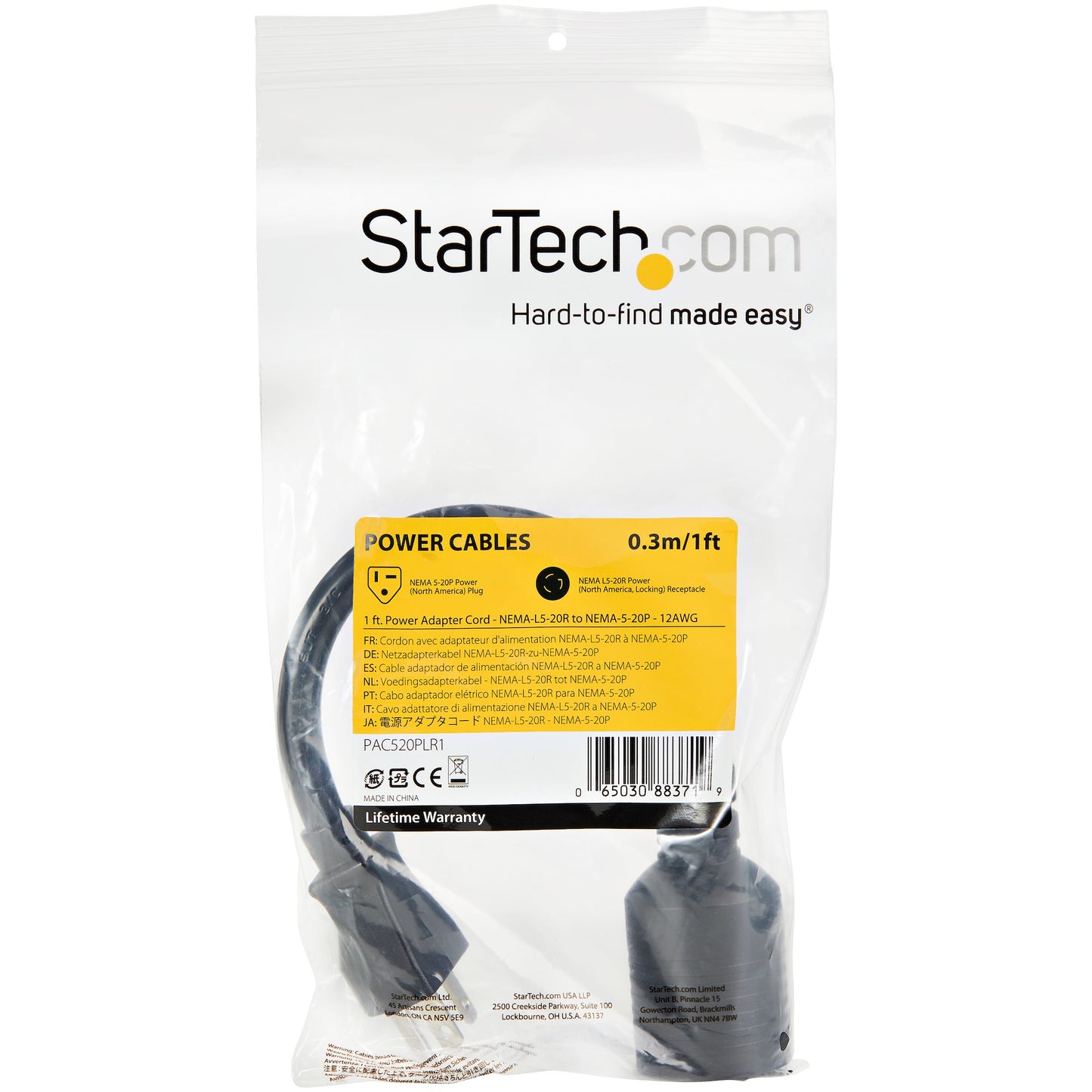 STARTECH CONSIG CABLE DE ALIMENTACION DE 30CM CABL NEMA L5 20R A NEMA 5 20P 12AWG