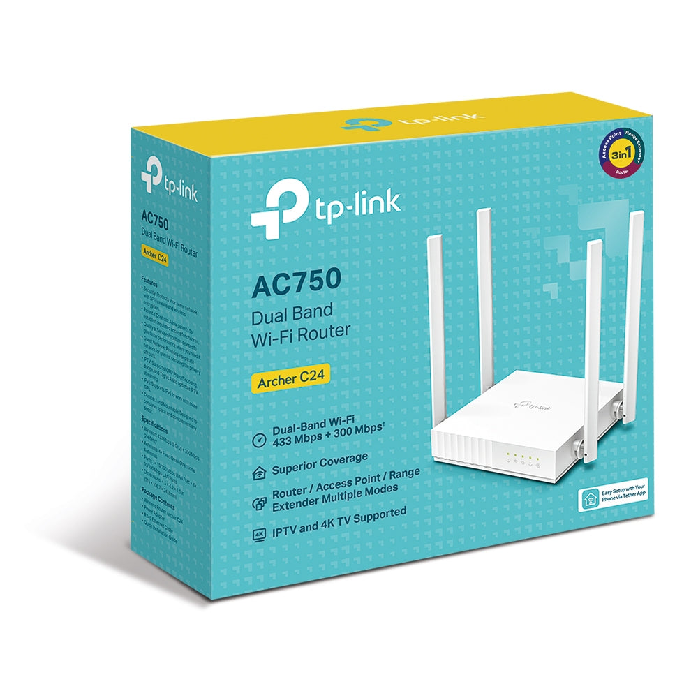 Router TP-Link Fast Ethernet de Banda Dual Firewall ARCHER C24, Inalámbrico, 433Mbit/s, 5x RJ-45, 2.4/5GHz, 4 Antenas Externas