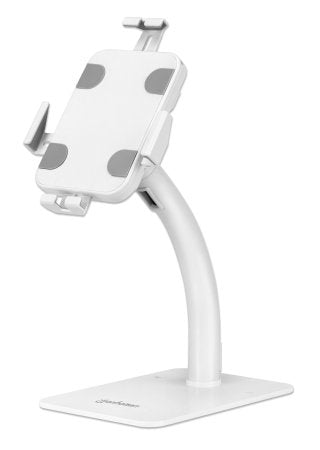 Soporte para tableta de escritorio 7.9 a 11" Manhattan, Soporta 1kg, De escritorio, Acero, Plástico, Blanco, Rotación 360°, Antirrobo