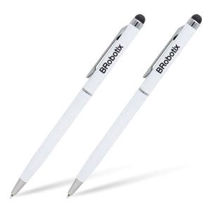 Stylus + Bolígrafo Duo Pack Brobotix 6000397 | 2 Piezas | Punta de Goma para Pantalla Táctil + Tinta Negra Retráctil | Clip de Bolsillo | Blanco | Para Tablet y Smartphone | SKU 6000397