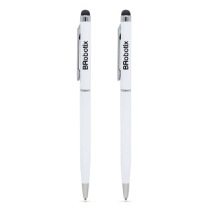 Stylus + Bolígrafo Duo Pack Brobotix 6000397 | 2 Piezas | Punta de Goma para Pantalla Táctil + Tinta Negra Retráctil | Clip de Bolsillo | Blanco | Para Tablet y Smartphone | SKU 6000397