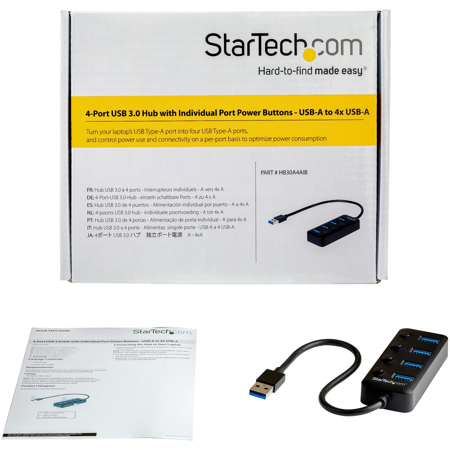 Hub USB 3.0 STARTECH de 4 Puertos - 5Gbps - USB de 4 Puertos USB-A con Interruptores Individuales de Encendido/Apagado, color negro