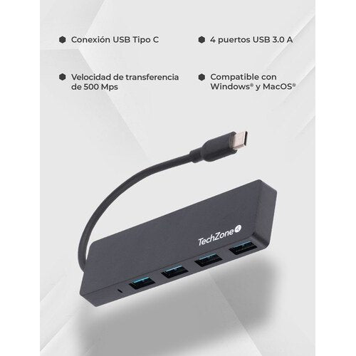 Hub TechZone 4 en 1, USB 3.0, Tipo C