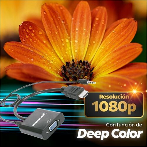 Convertidor HDMI a VGA + Audio 3.5mm Manhattan 151559 | 1080p | Activo | Para Conectar Laptop HDMI a Proyector o Monitor VGA Heredado | SKU 151559
