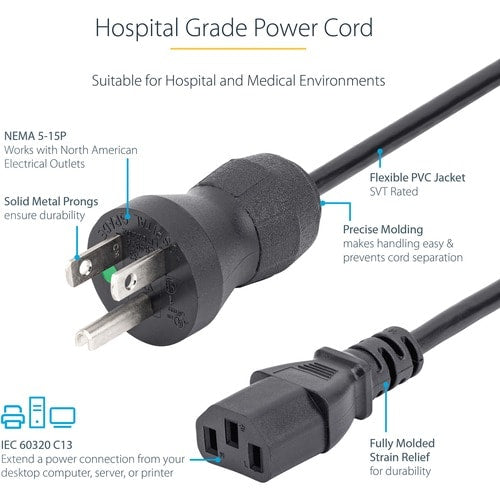 Cable de 3m (10 pies) de Alimentación de Grado Hospitalario, 18AWG, Para Monitor, Computador,