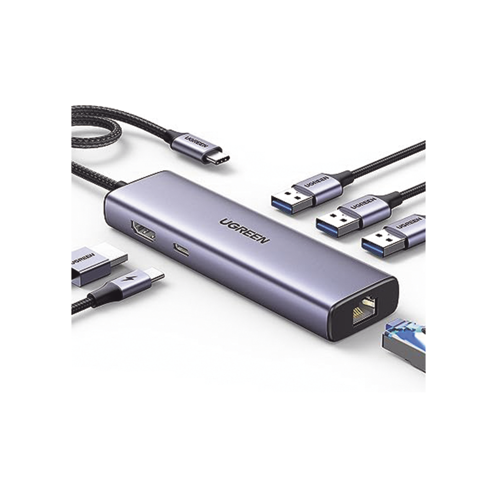 HUB USB-C Ugreen (Docking Station) 6 en 1 / 3 Puertos USB-A 3.0 (5 Gbps), HDMI 4K@30Hz, Entrada USB-C PD 100W, 1 RJ45 (Gigabit Ethernet), Caja de Aluminio