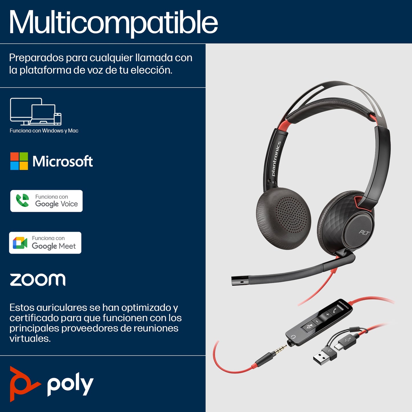 Headset Poly modelo Blackwire 5220 Sonido Stereo conector USB-C + Plug de 3.5 mm + adaptador de USB-C a USB-A