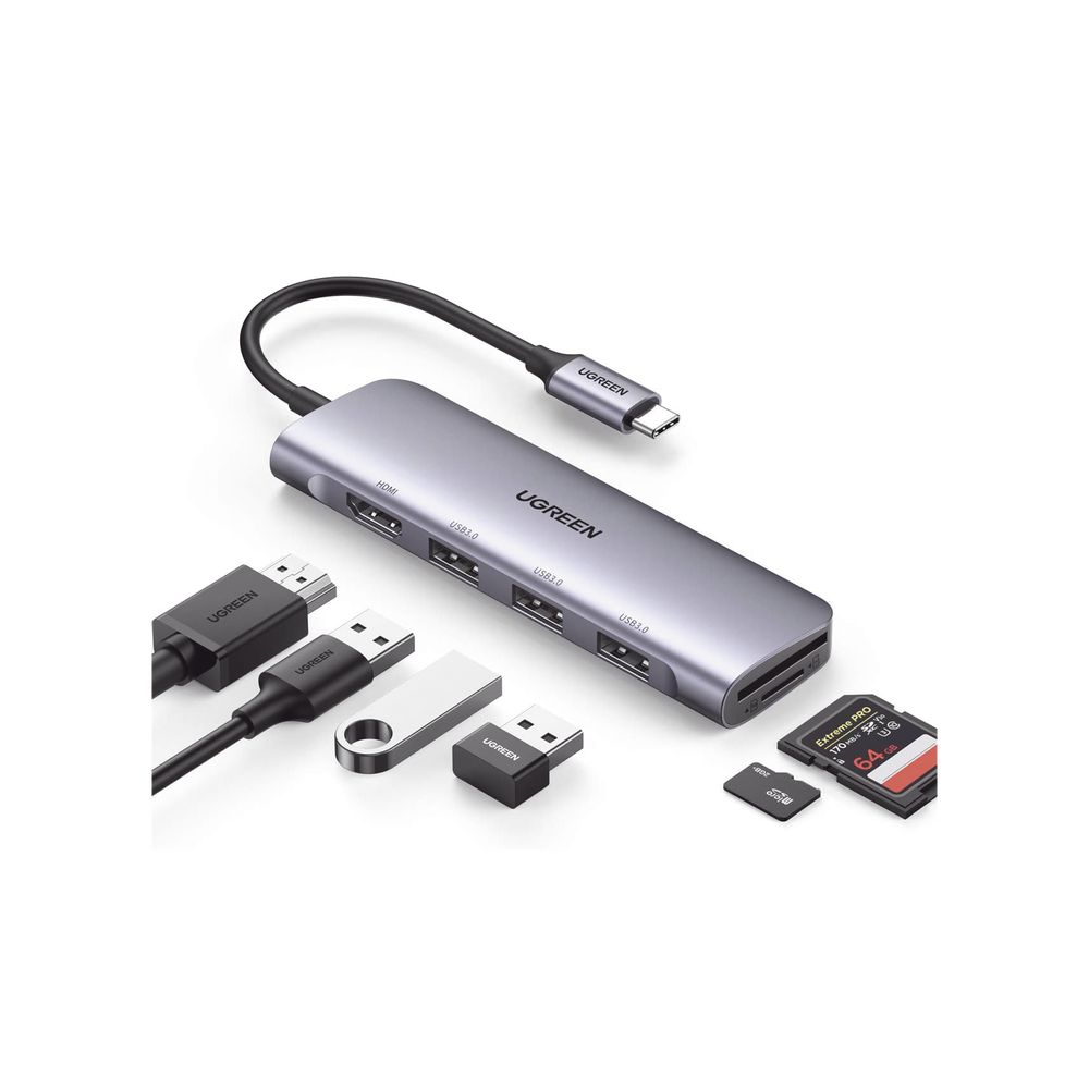 HUB USB-C (Docking Station) 6 en 1  Ugreen / HDMI 4K@30Hz, 3 Puertos USB 3.0, Lector Tarjeta SD + Micro SD (TF) (Uso Simultáneo), Caja de Aluminio