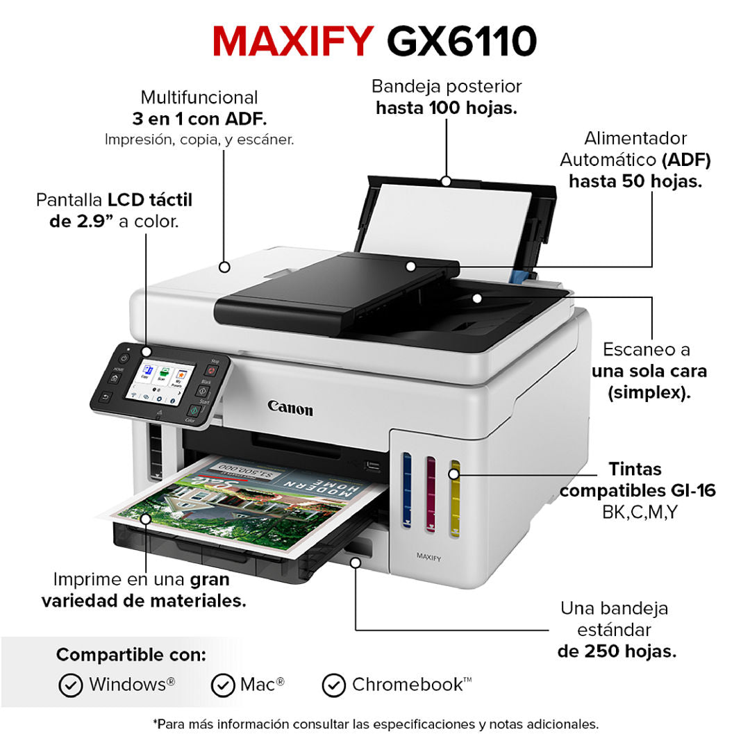 Multifuncional Canon Maxify GX6110, Inyección de tinta térmica a color, WiFi, Ethernet, USB, Dúplex Automático, Oficina