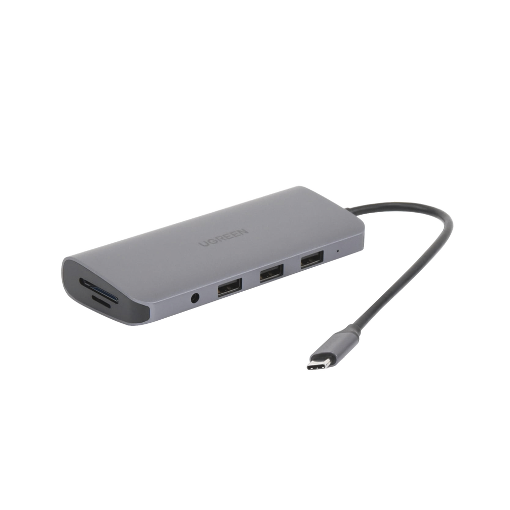 HUB USB-C Ugreen Multipuertos / 3 USB-A 3.0, HDMI 4K@30Hz, RJ45 (Gigabit Ethernet), VGA, Lector Tarjeta SD+TF, Jack Audio 3.5mm, USB C PD Carga 100W, 10 en 1, Carcasa de Aluminio
