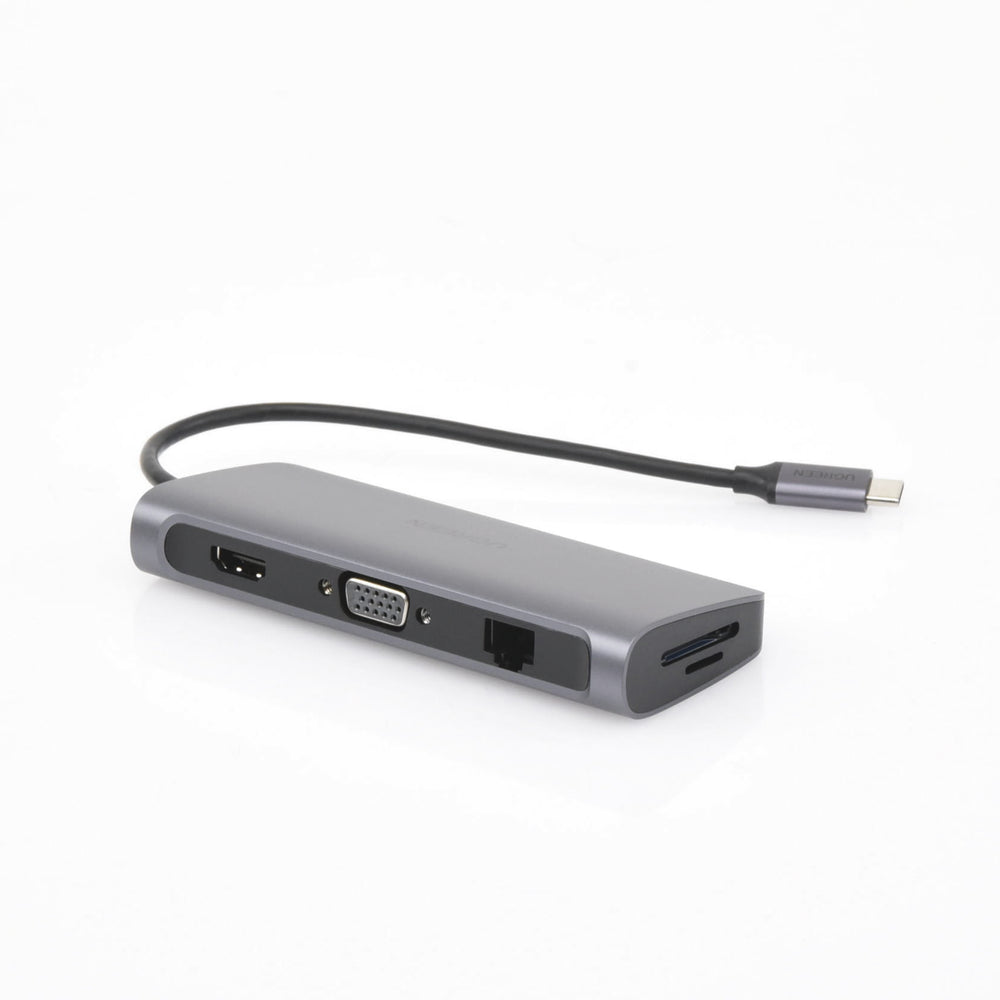 HUB USB-C Ugreen Multipuertos / 3 USB-A 3.0, HDMI 4K@30Hz, RJ45 (Gigabit Ethernet), VGA, Lector Tarjeta SD+TF, Jack Audio 3.5mm, USB C PD Carga 100W, 10 en 1, Carcasa de Aluminio