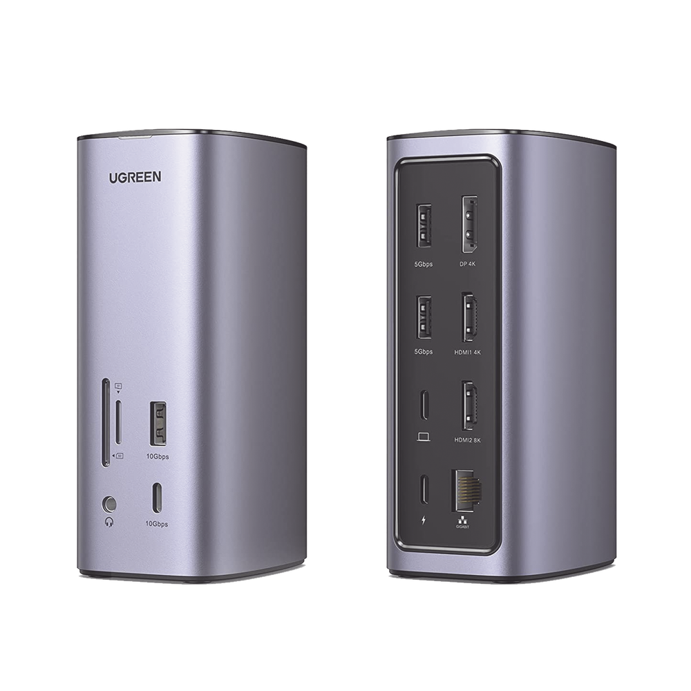 HUB Ugreen USB-C (Multipuertos) / 2 USB-A 3.0, 1 USB-C PD Carga 100W, 1 USB-A 3.1, 1 USB-C 3.1, HDMI 4K, HDMI 8K Ultra HD, Display Port 4K, RJ45 (Gigabit), Lector Tarjeta SD + Micro SD (TF), Jack Audio 3.5mm, 12 en 1