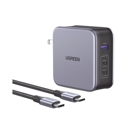 Cargador Ugreen de 140W serie Nexode / 3 Puertos de Carga Rápida, 2 USB-C, 1 USB-A, Tecnología GaN II +SIC, PD3.1 / QC4.0, Tecnología de Protección Térmica, Optimiza la Experiencia de Carga, Incluye cable USB-C