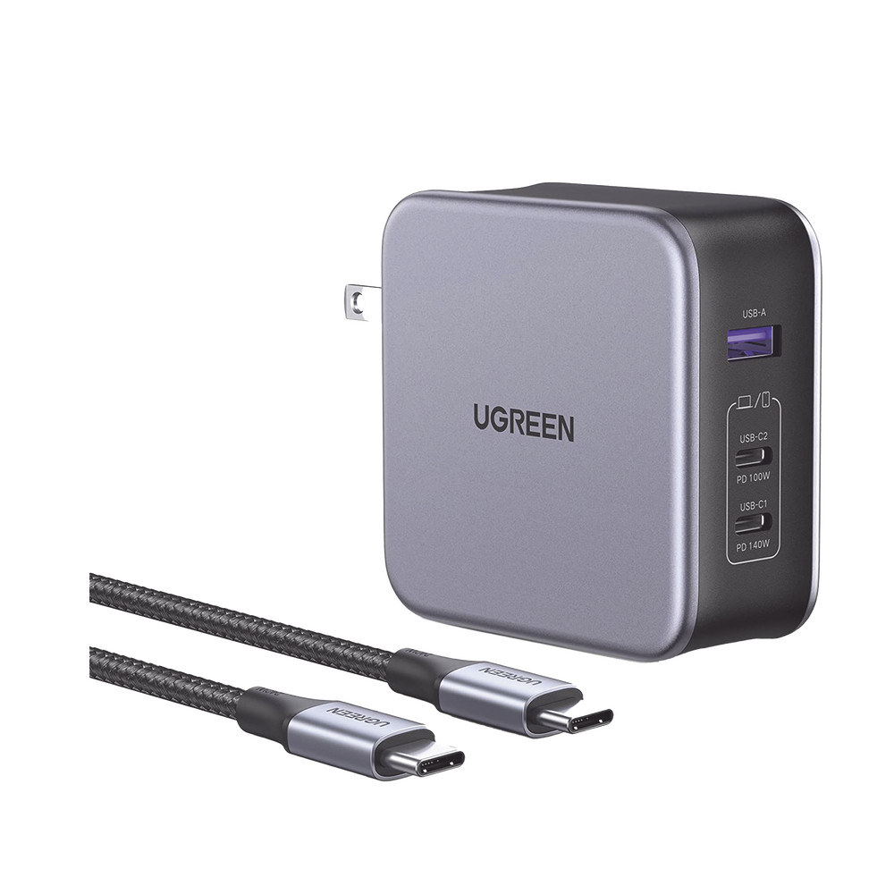 Cargador Ugreen de 140W serie Nexode / 3 Puertos de Carga Rápida, 2 USB-C, 1 USB-A, Tecnología GaN II +SIC, PD3.1 / QC4.0, Tecnología de Protección Térmica, Optimiza la Experiencia de Carga, Incluye cable USB-C