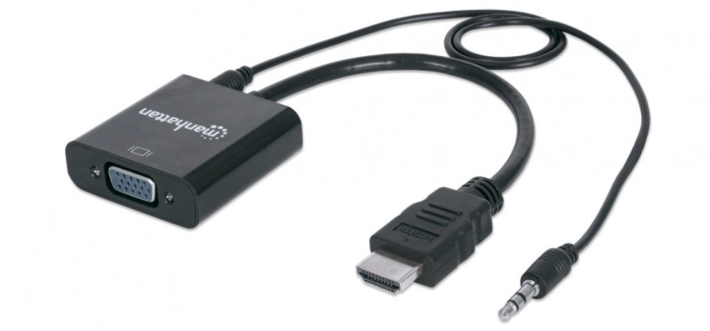 Convertidor HDMI a VGA + Audio 3.5mm Manhattan 151559 | 1080p | Activo | Para Conectar Laptop HDMI a Proyector o Monitor VGA Heredado | SKU 151559